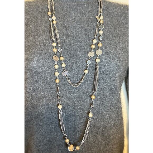 Express Two Layer Long Disk Bead Black Silver Tone Chain - Picture 3 of 6